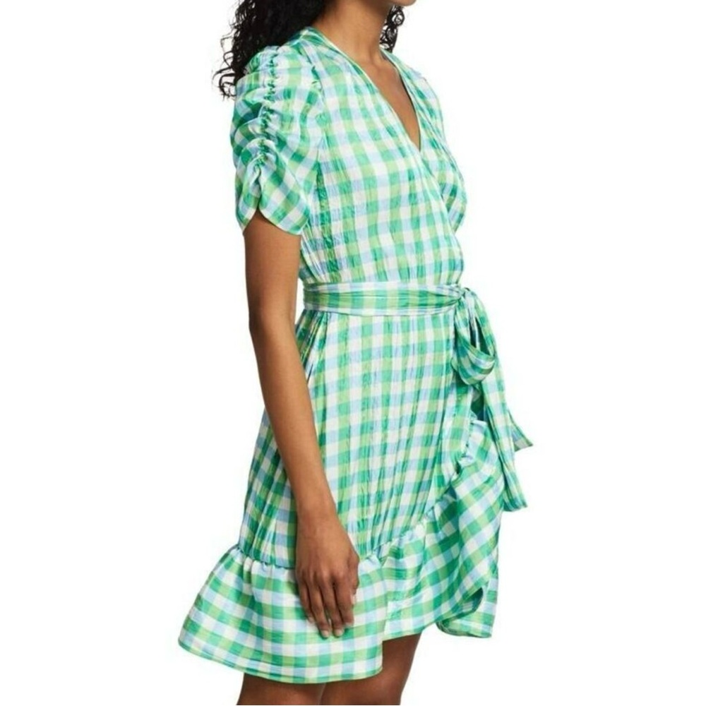 TANYA TAYLOR Natasha Gingham Faux Wrap Green Blue Puff Sleeve Ruffle Dress - Picture 4 of 12